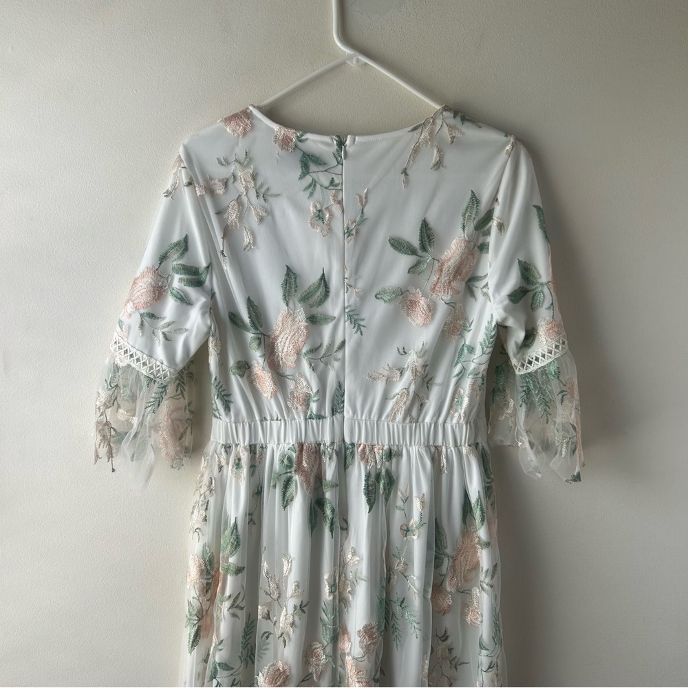 Polagram Floral Appliqué Tulle Midi Dress White Green Pink M - Picture 8 of 12